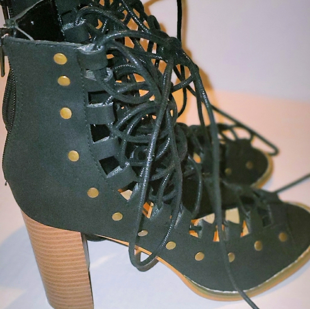 Liliana Black Lace Up Open Toe Heels